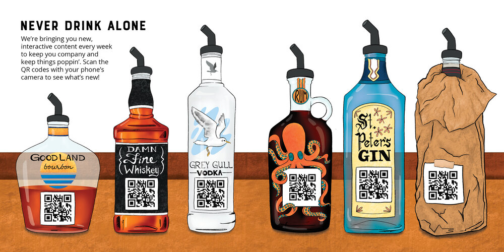 Bar Dice Game Guide QR codes on illustrated alcohol bottles lined up on a bar